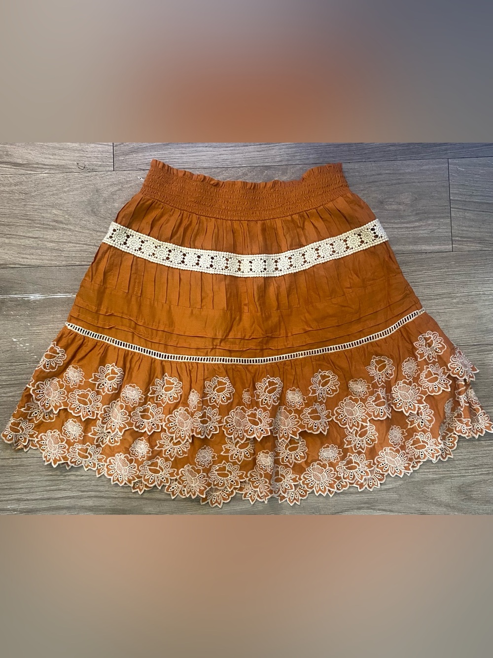 Anthropologie Burnt Orange Mini Skirt with Cream Crochet Trim